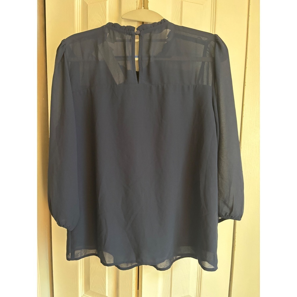 NWT Monteau Navy Blue Chiffon Tunic Blouse Medium Ruffle Neck Sheer - Picture 9 of 11